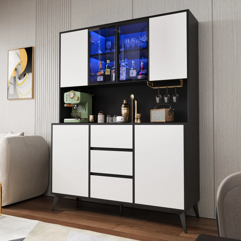 Cristalliera con LED regolabile via app; 3 cassetti e portabicchieri dorato in MDF bianco e nero 120 ¡Á 40 ¡Á 160 cm