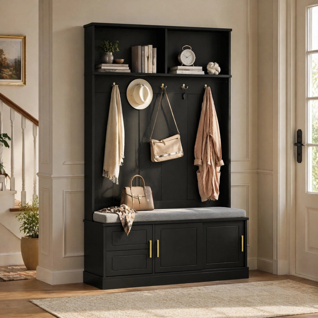 Appendiabiti con panca e scarpiera 120x40x191 cm; 6 ganci; truciolare nero