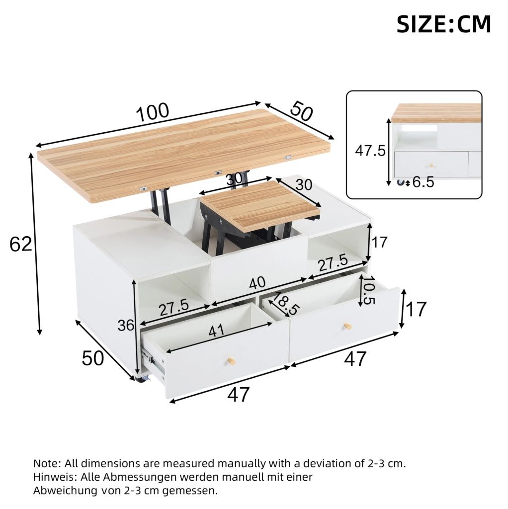 Tavolino da salotto sollevabile e pieghevole 100 x 50 x 47;5 cm in MDF colore legno naturale
