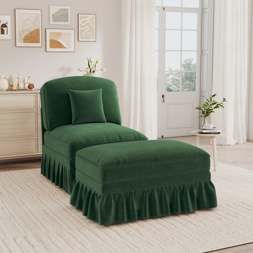 Divano in chenille verde con balza rimovibile e pouf mobile per soggiorno e piccoli spazi