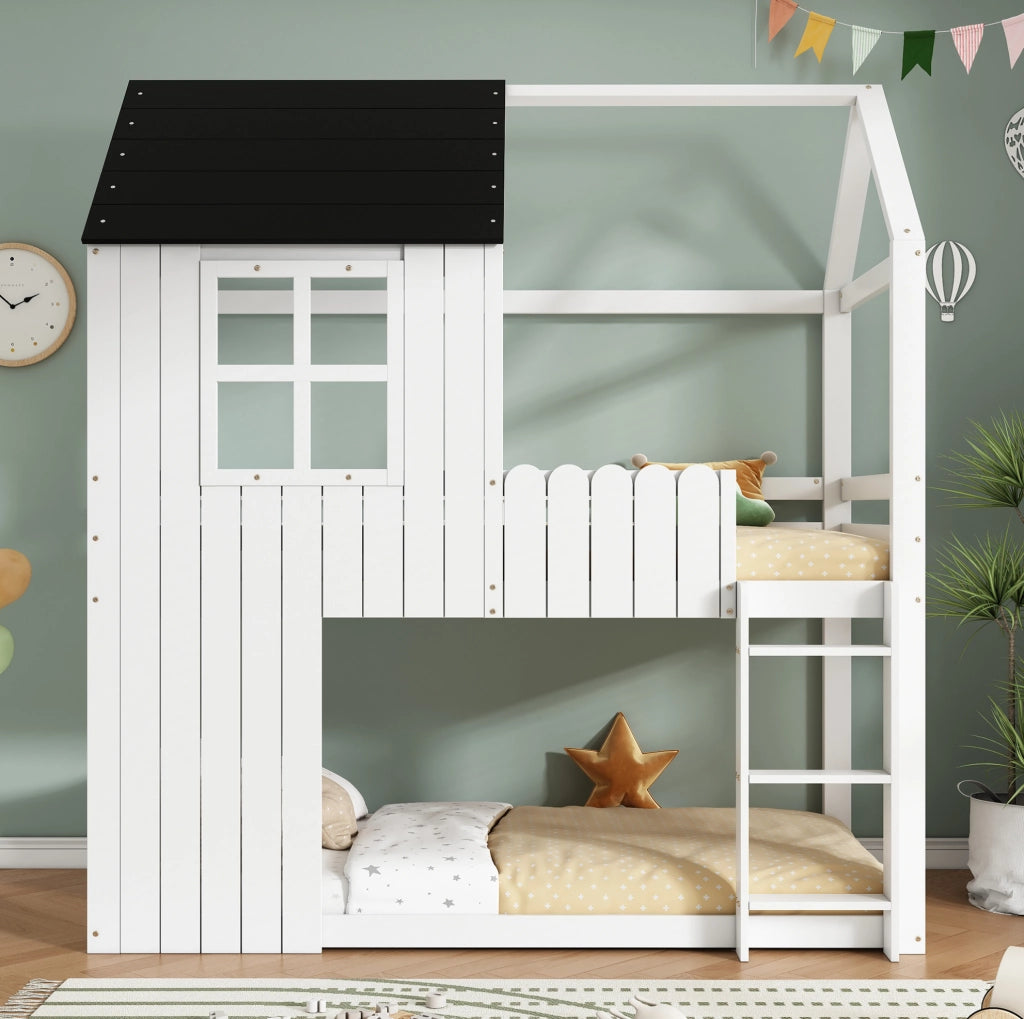 Letto a soppalco per bambini con forma casa e scala a 3 gradini