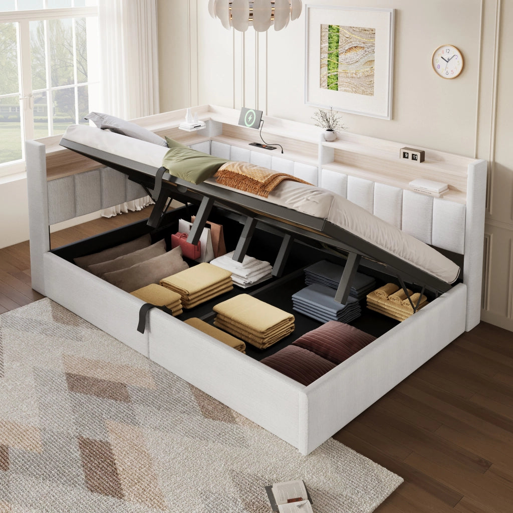 Letto contenitore 140 x 200 cm con contenitore idraulico, LED e USB-A/Type-C, letto imbottito in velluto bianco crema con vani laterali reversibili