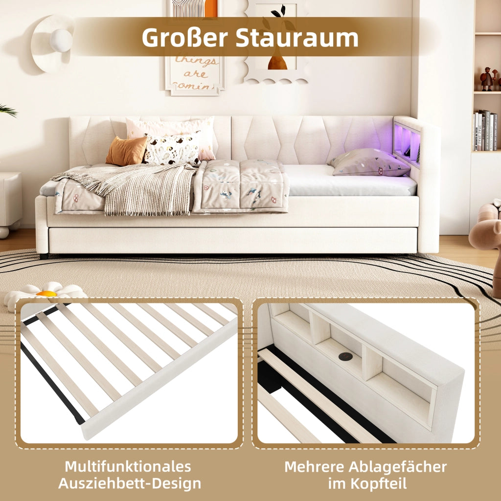 Letto estraibile singolo 90×200 cm con USB Type-C; LED e ripiani; con rete; senza materasso; lino; beige