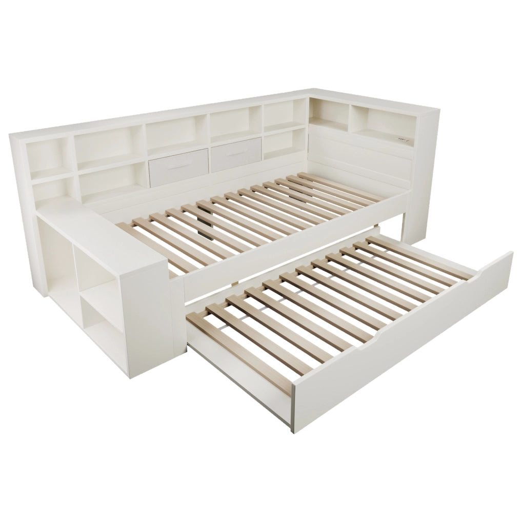 Letto singolo 90x190 cm bianco in legno con letto estraibile; ripiani su tre lati e porte USB/Type-C
