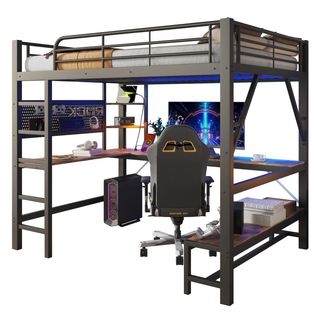 Letto a soppalco 160 x 200 cm; scrivania; ripiani; sponde di sicurezza; scala; USB/USB-C; striscia LED; pannello forato; telaio in ferro; nero