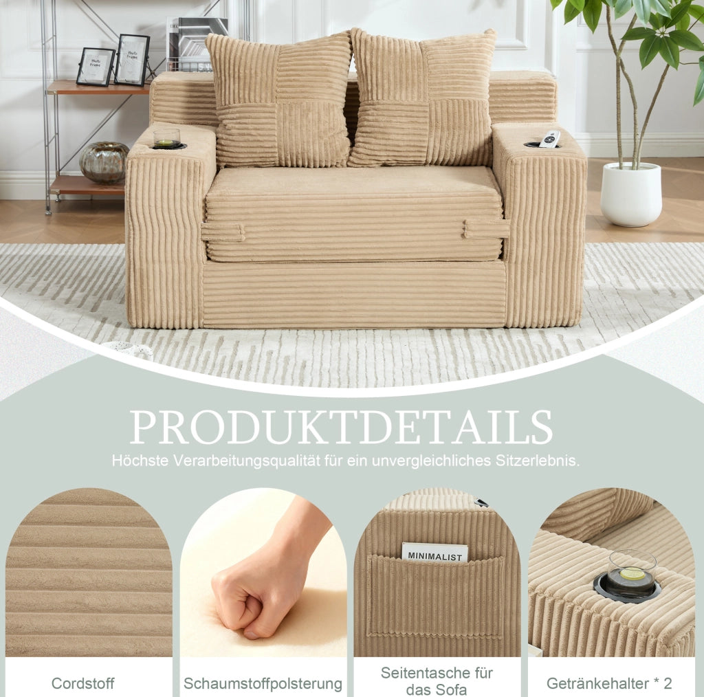 DIVANO Pouf 151x133x64 cm in Velluto a Coste Khaki con Tasche Laterali