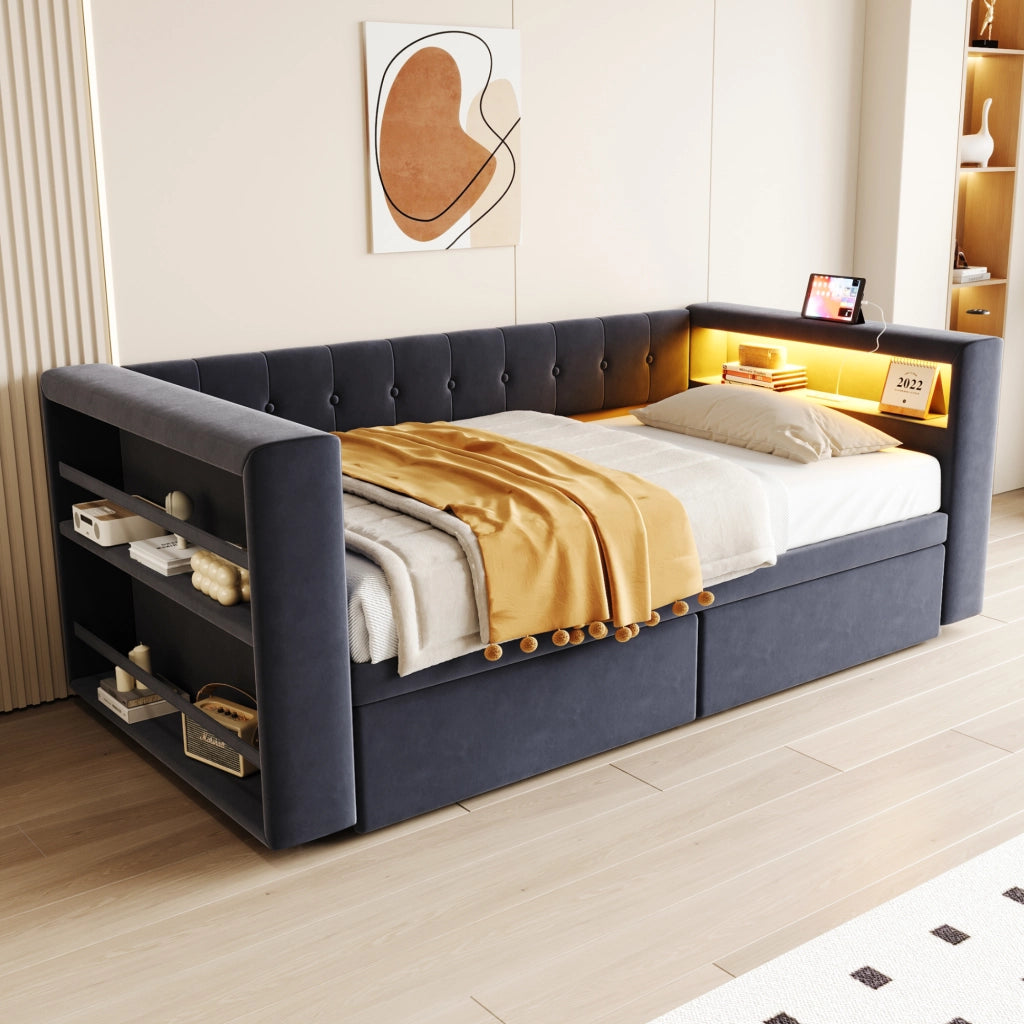 Divano letto 90 x 190 cm, letto singolo con illuminazione LED, porte USB, 2 cassetti spazioso, tessuto flanella grigio scuro, rete a doghe inclusa