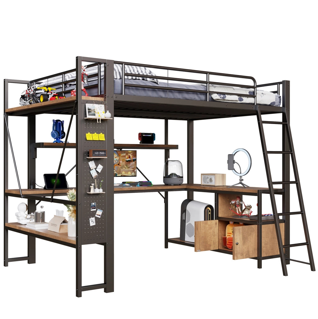 Letto a soppalco 140x200 cm in metallo con scrivania integrata, LED, ripiani, USB, nero