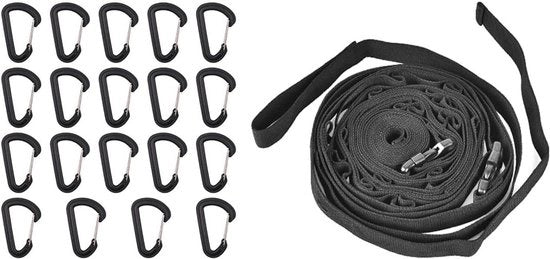 Striscia di Corda Portatile Opknoping con 19 Ganci di Carabiner Organizzatore per Campeggio Escursionismo 4.3M