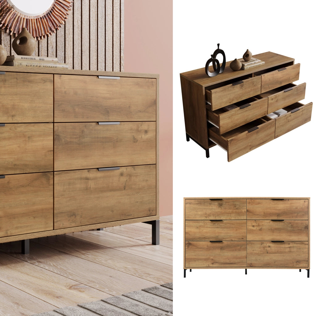 Cassettiera industriale con 6 cassetti e piedini regolabili per camera da letto, rovere scuro, 120 × 40 × 76 cm