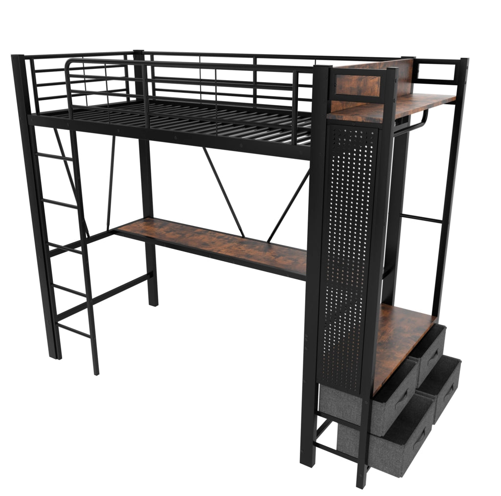 Letto a soppalco 90x200 cm con scrivania e 4 cassetti in metallo