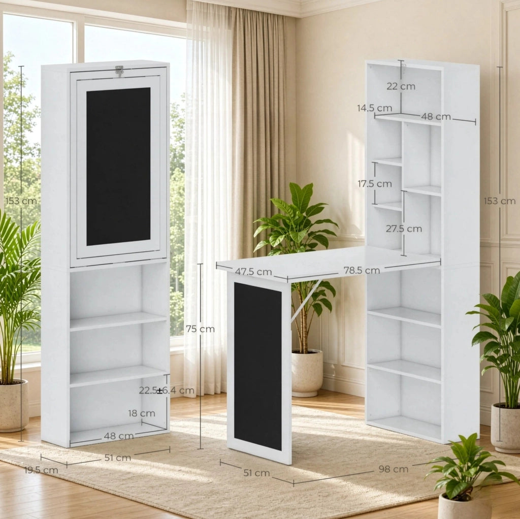 Scrivania da parete multifunzionale in MDF e legno di pino bianco o nero, dimensioni 98x51x153 cm