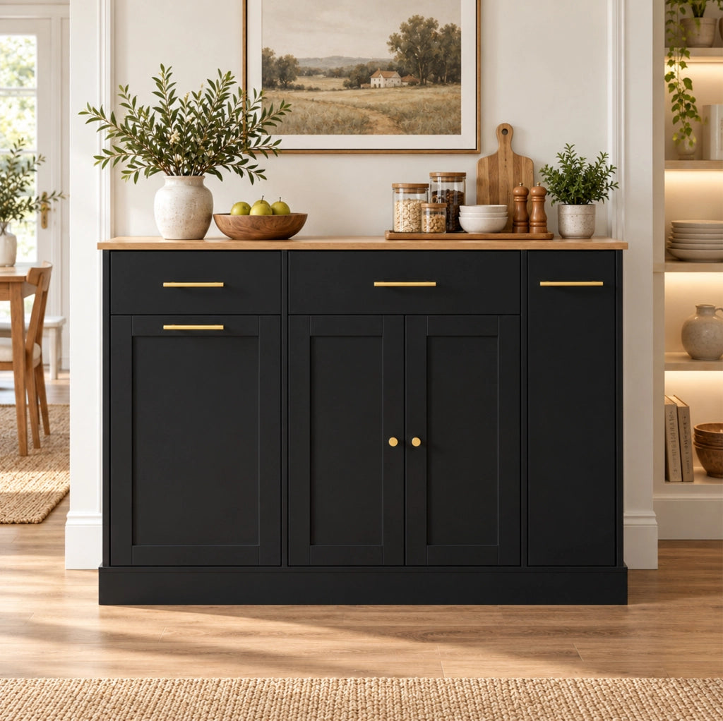 Isola da cucina con piano pieghevole 120 cm, armadietto nero con spazio per pattumiera, ripiano laterale estraibile e 3 cassetti