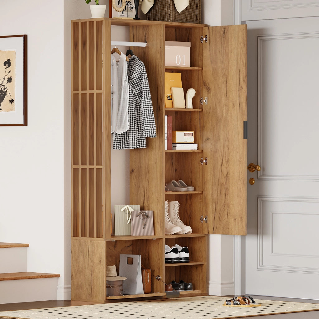 Mobile da ingresso con specchio, 2 armadietti, appendiabiti aperto e 9 vani, in truciolare naturale, 100 × 33 × 190 cm