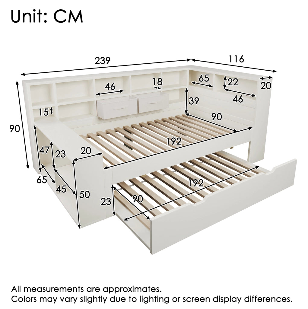 Letto singolo 90x190 cm bianco in legno con letto estraibile; ripiani su tre lati e porte USB/Type-C