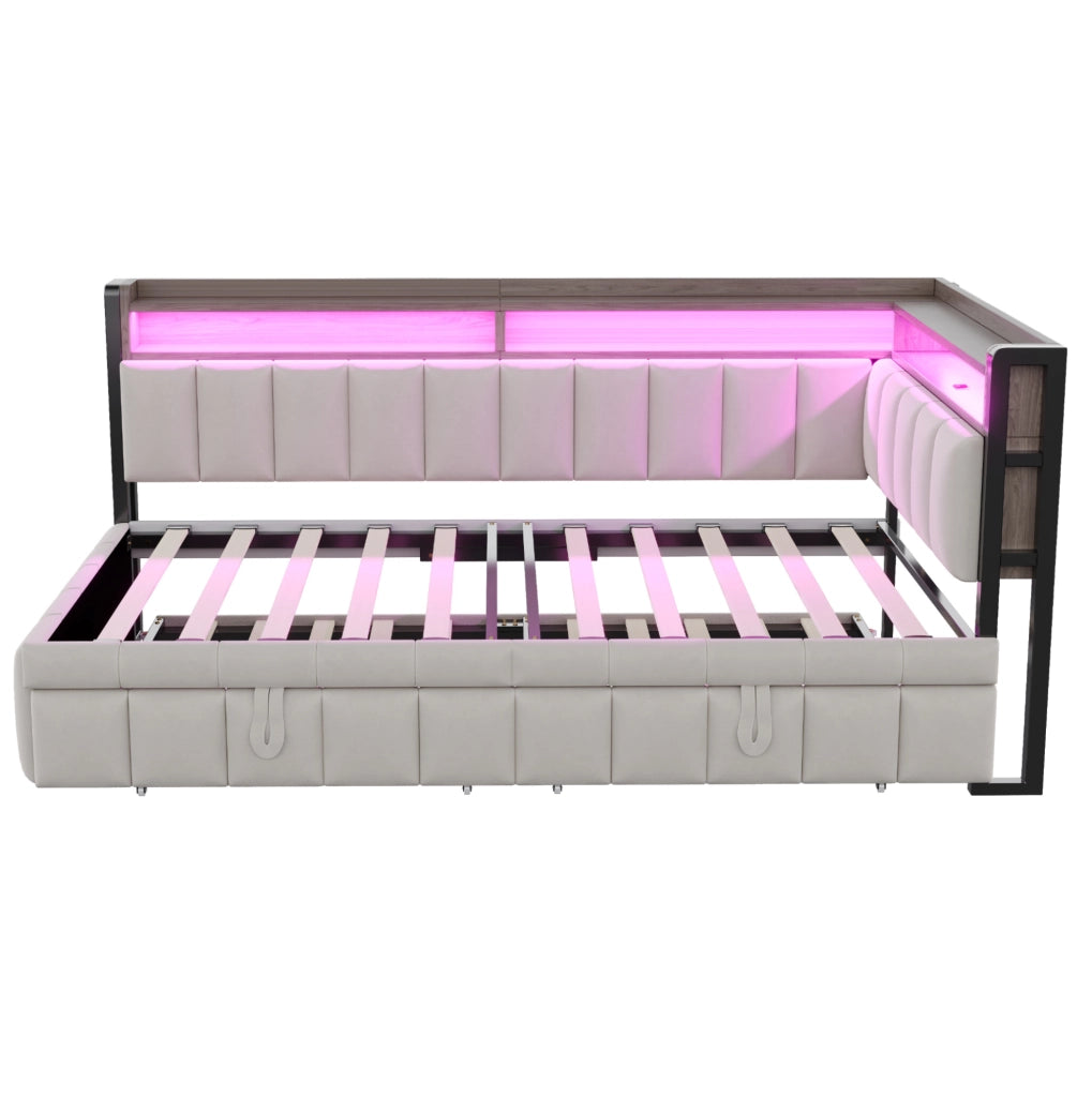 Divano letto estraibile 90x200 cm in velluto grigio chiaro con LED e USB-C
