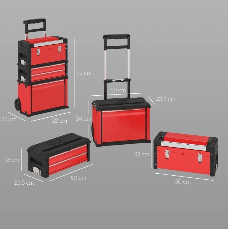 Carrello portautensili modulare in acciaio rosso con 3 unità, maniglia telescopica e ruote da 5"