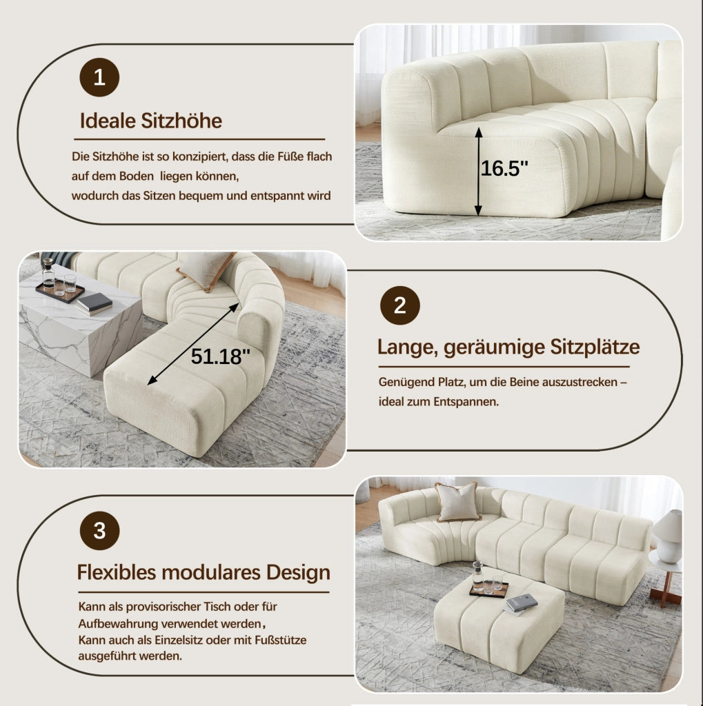 Divano angolare modulare 4 posti in chenille beige con moduli multifunzionali
