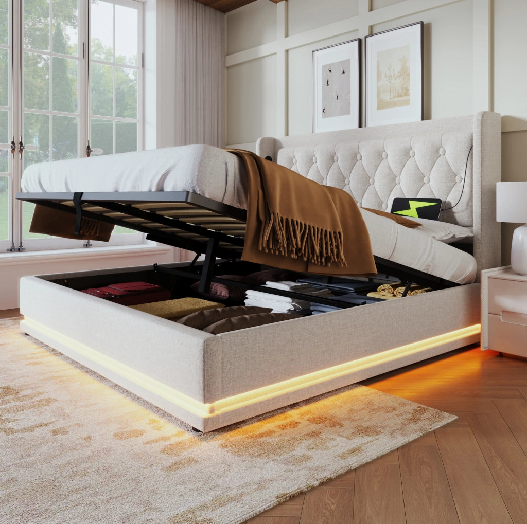 Letto contenitore beige 140 x 200 cm con LED, ricarica USB e Tipo-C