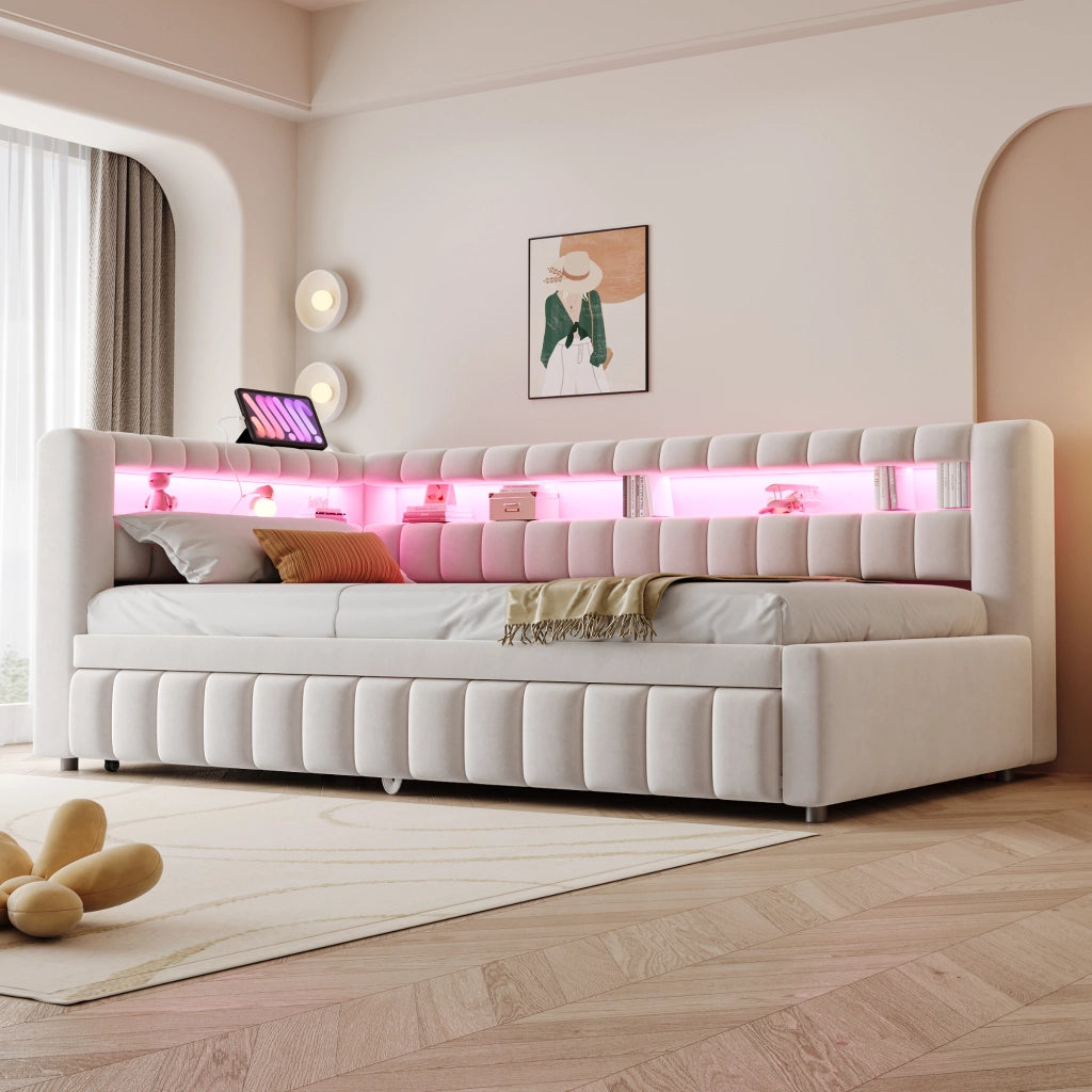 Divano letto estraibile 90x200 cm con LED; USB e Type-C; vani portaoggetti; metallo e velluto beige