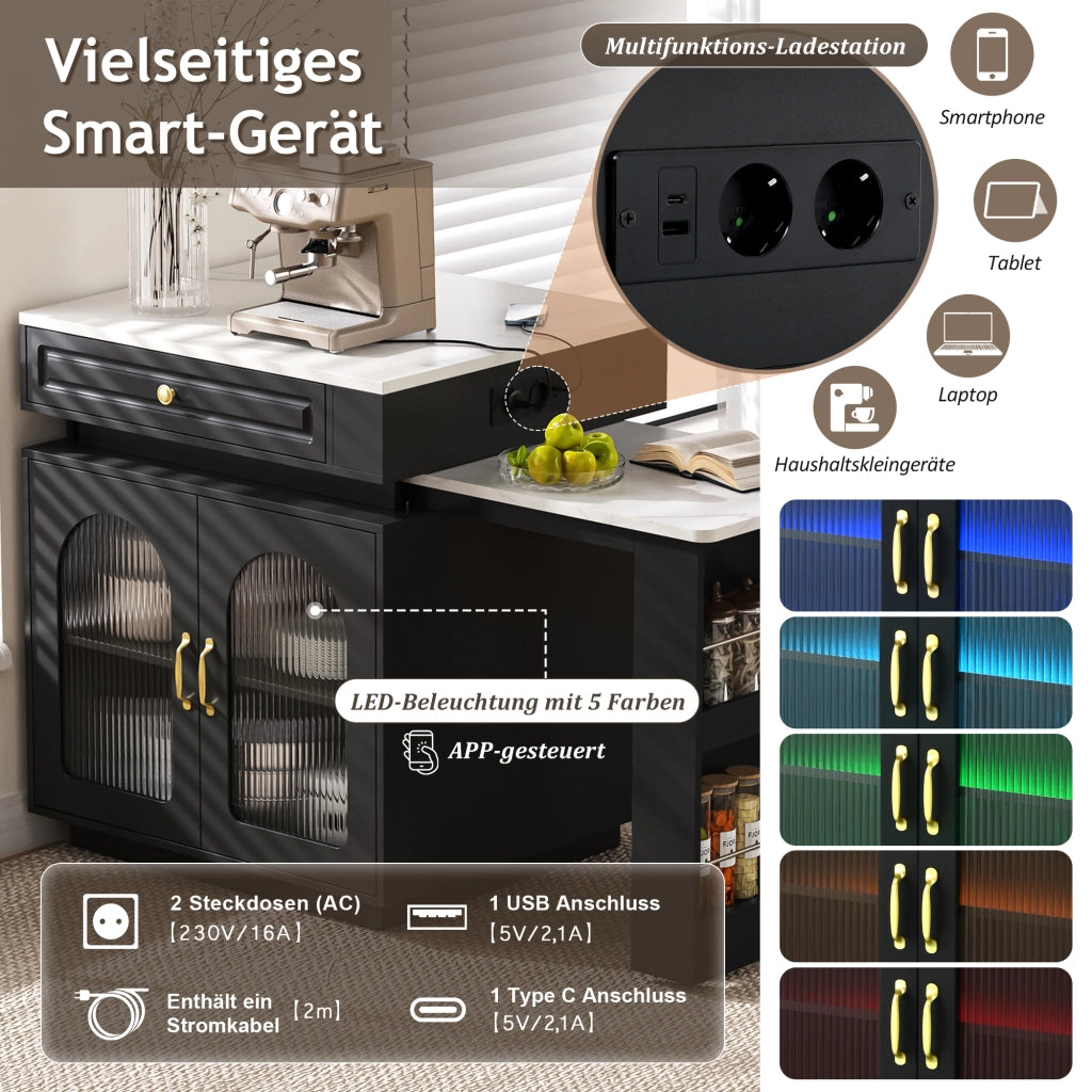 Tavolo allungabile con mobile contenitore LED e ricarica USB Type-C in MDF nero 128~200 × 71 × 92 cm