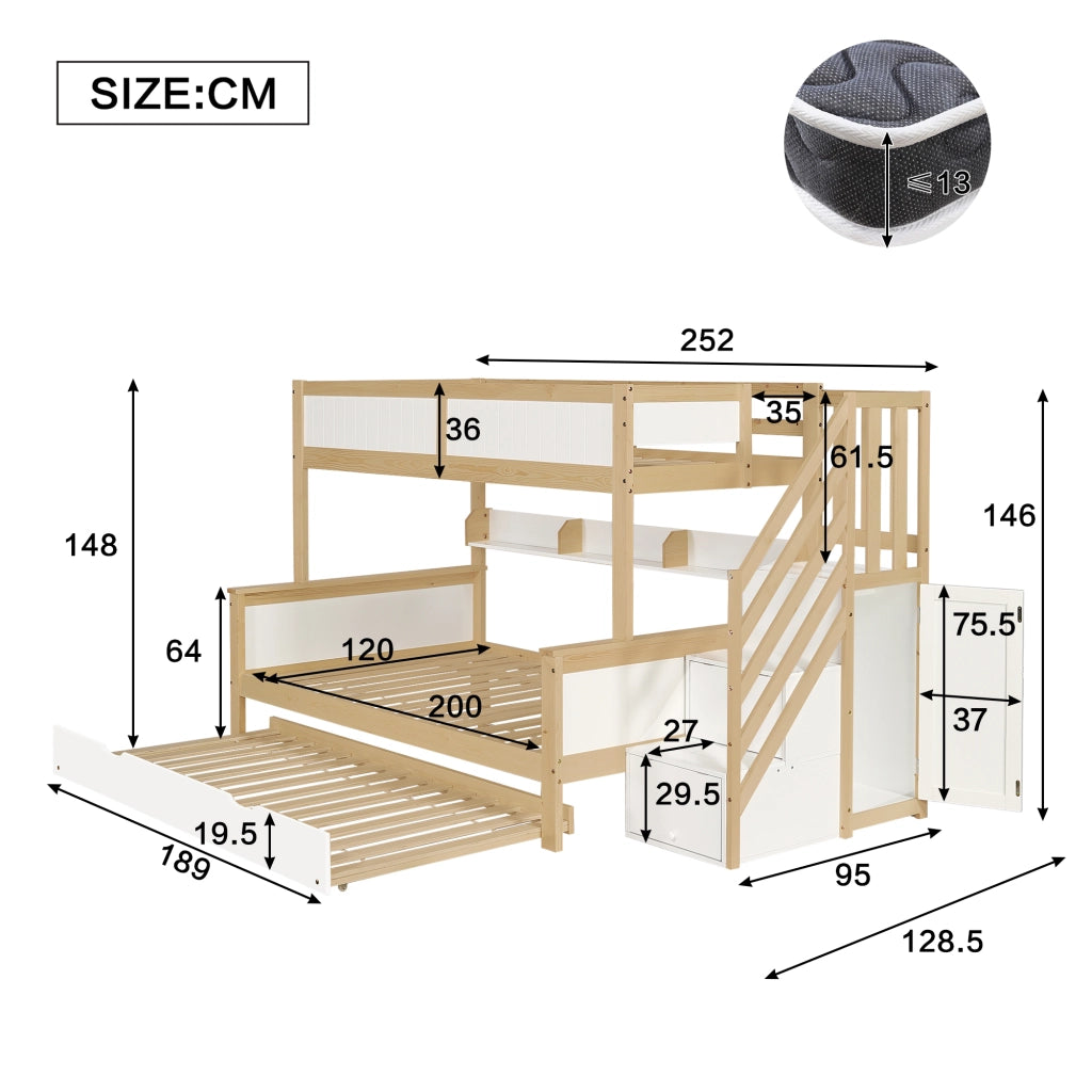 Letto a castello per bambini a tre posti in pino e MDF; con scala contenitore; armadio laterale; bianco e legno naturale