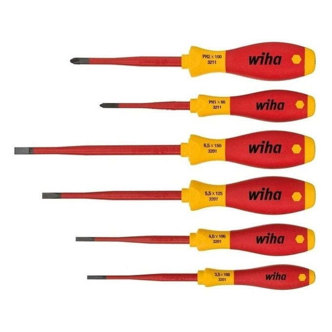 Wiha 35389 SoftFinish electric slimFix Set di cacciaviti isolati VDE 1000 V 6 pezzi PH1 PH2 3 5 mm 4 mm 5 5 mm 6 5 mm colore Rosso Giallo