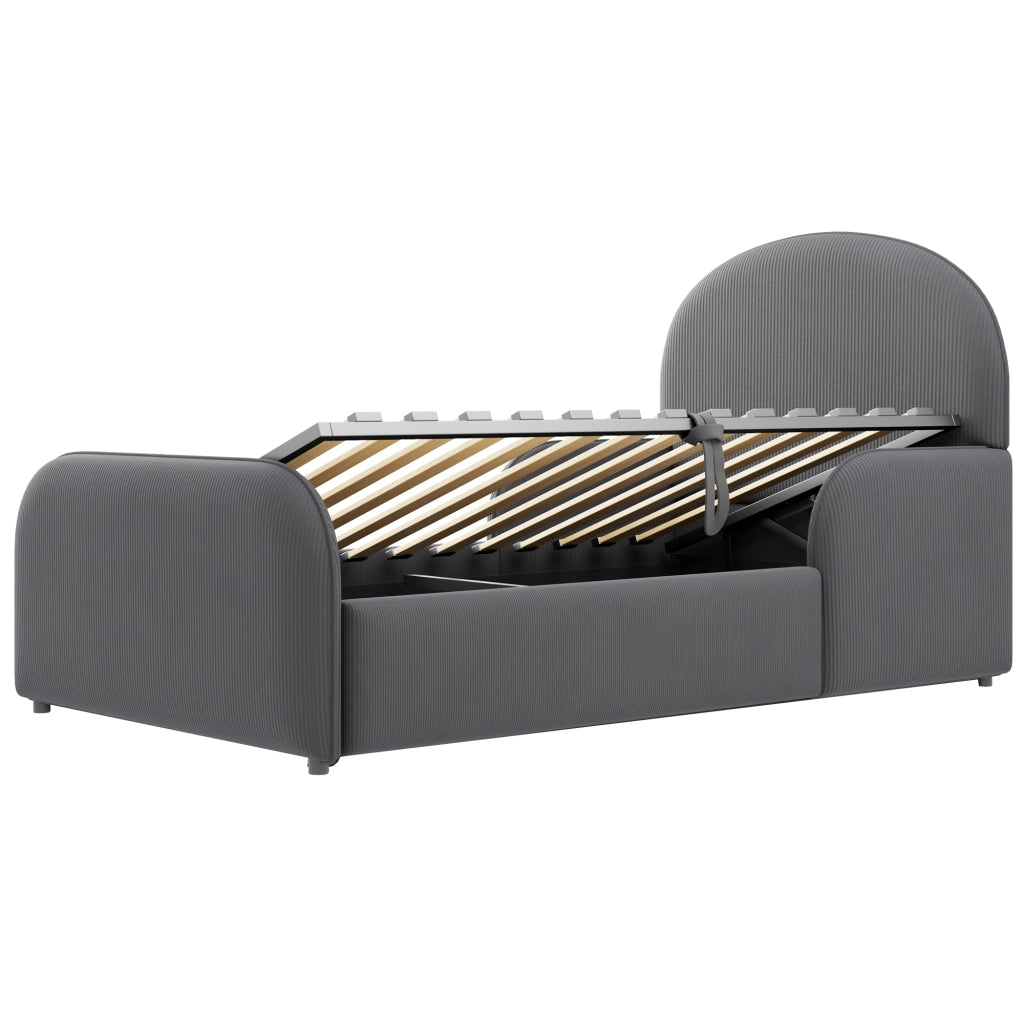 Letto Singolo Imbottito 90x200 cm con Contenitore Idraulico; Testiera Alta e Sponde di Sicurezza; Struttura in Velluto Grigio per Cameretta