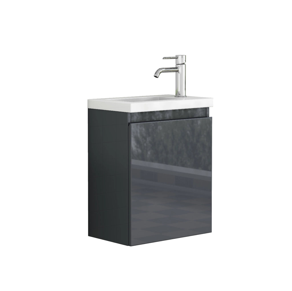 Mobile bagno sospeso con lavabo in ceramica e specchio in MDF grigio lucido
