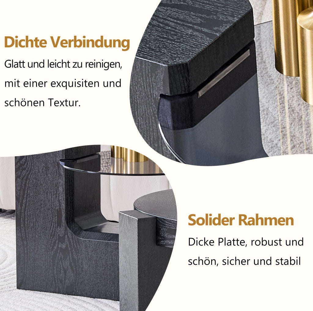Set di tavolini da salotto rotondi separabili con piano in vetro trasparente grigio e base in MDF effetto legno nero