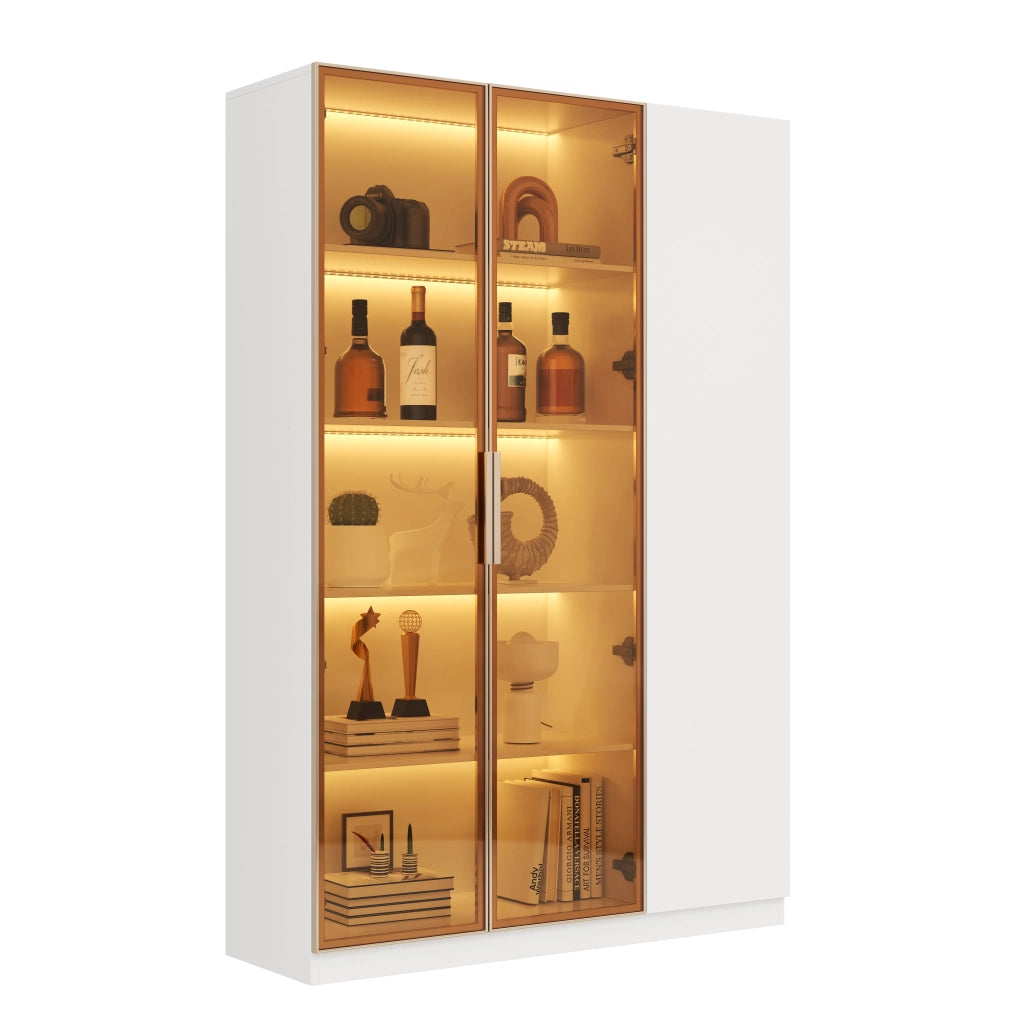 Vetrina a 3 ante con vetro di sicurezza, LED multicolore e 3 ripiani regolabili, in MDF bianco, per soggiorno