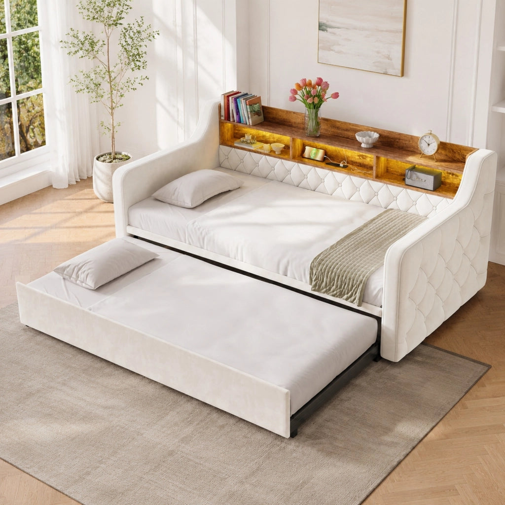 Divano letto 90x190 cm in velluto beige con contenitore in legno, illuminazione LED, prese USB e Type-C, rete a doghe e braccioli