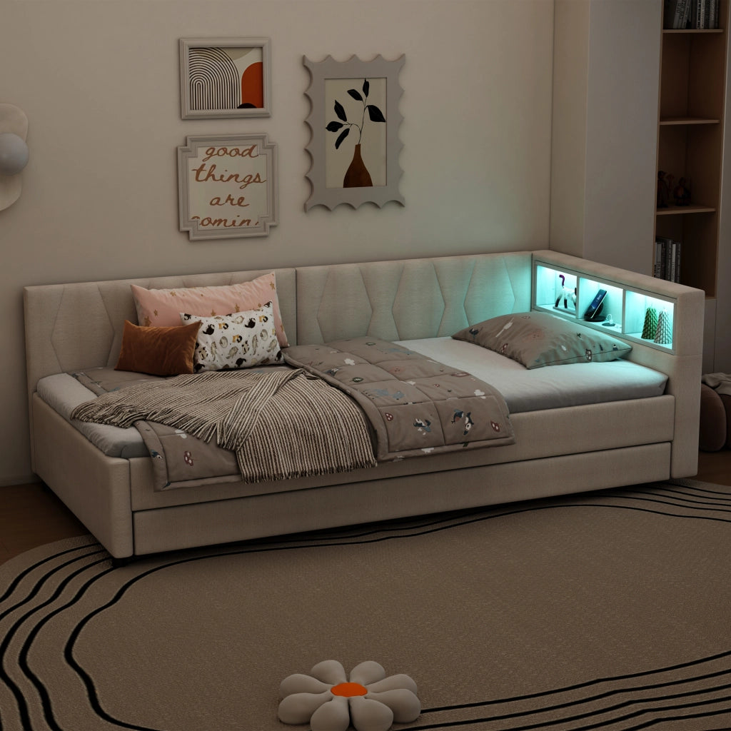 Letto estraibile singolo 90×200 cm con USB Type-C; LED e ripiani; con rete; senza materasso; lino; beige