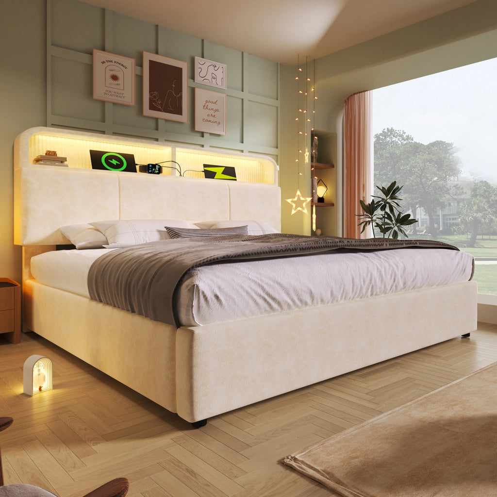 OKWISH Letto Contenitore 180×200 cm, Letto Matrimoniale con Testiera Regolabile, LED Regolabile, USB e Tipo C, senza Materasso, in Velluto, Beige