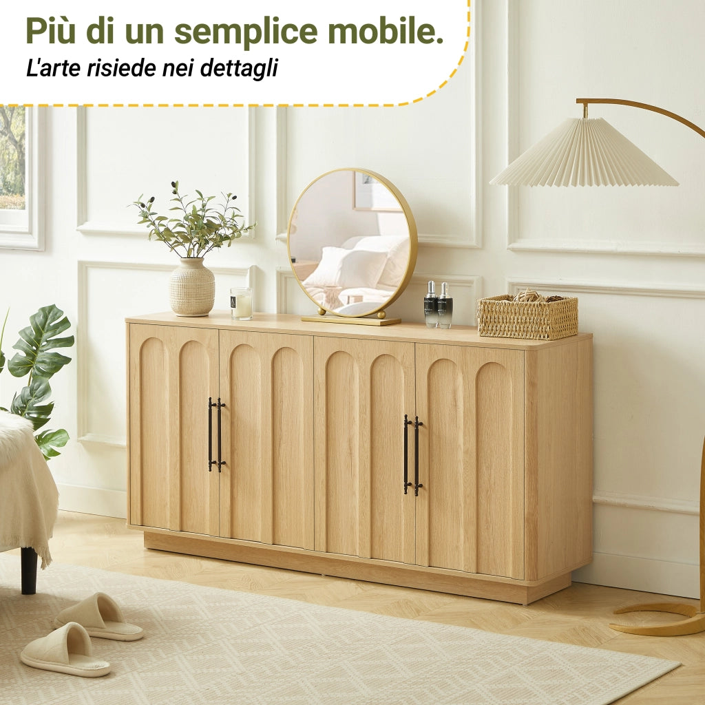 Sideboard ad arco 160 cm, 4 ante con cerniere soft-close e sicurezza anti-ribaltamento, mobile contenitore in legno per soggiorno e sala da pranzo