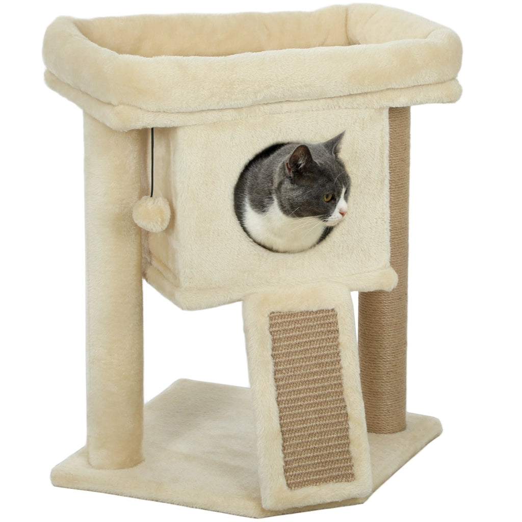 Albero tiragraffi per gatti con tappeto di juta, piattaforma, palla ¨C zephmum ¨C beige, 40x40x57 cm
