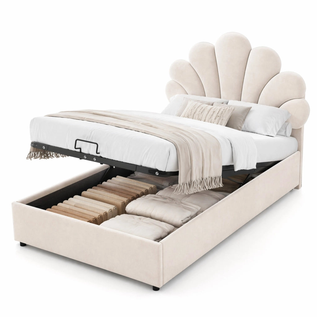 Letto singolo con contenitore 90 × 200 cm imbottito in velluto beige con testiera floreale e rete a doghe