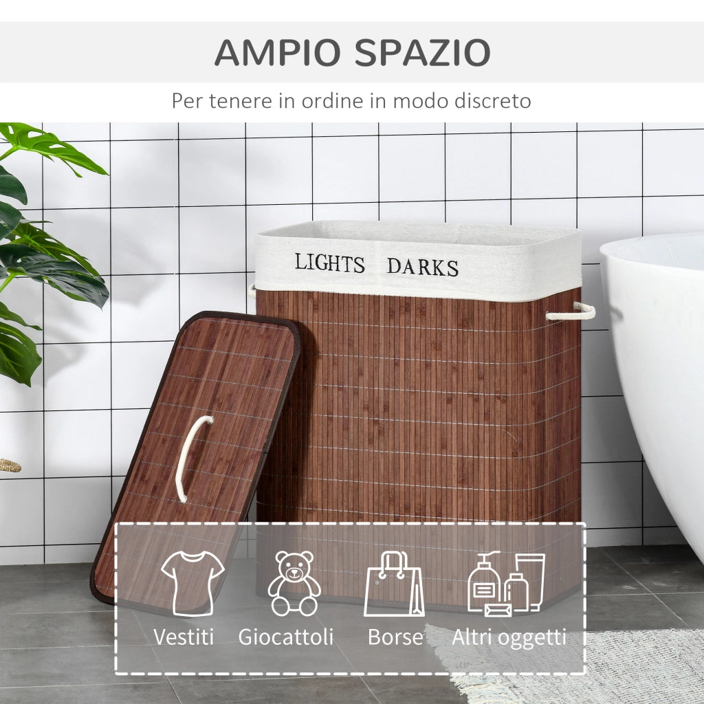 EasyComfort Cesto per Biancheria Bambù da 100L con 2 Scomparti, Coperchio e Maniglie, 52x32x63cm