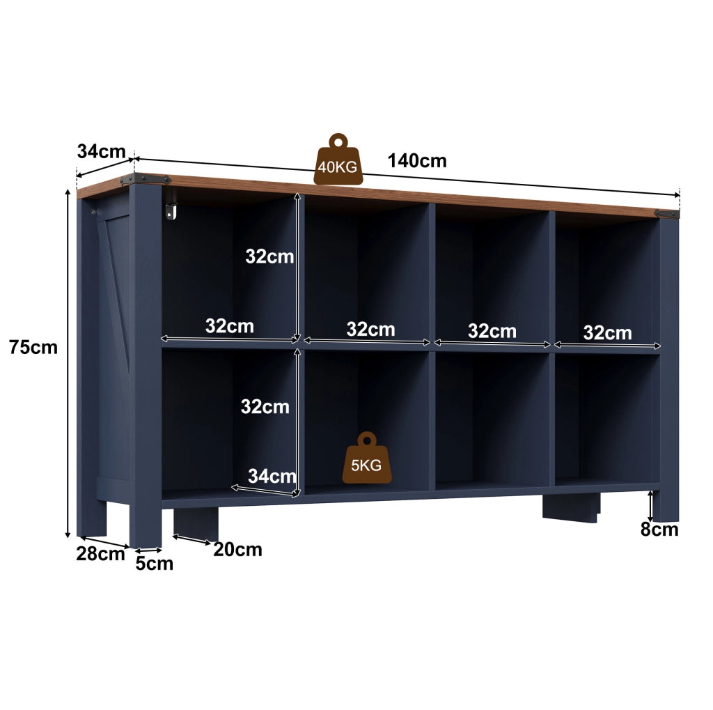 Mobile organizer orizzontale 140x34x75 cm con 8 vani aperti in MDF blu