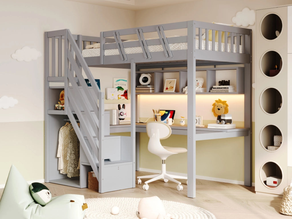 Letto singolo in legno massello 90x200 cm, grigio, con scala contenitore, scrivania, presa USB e luce LED