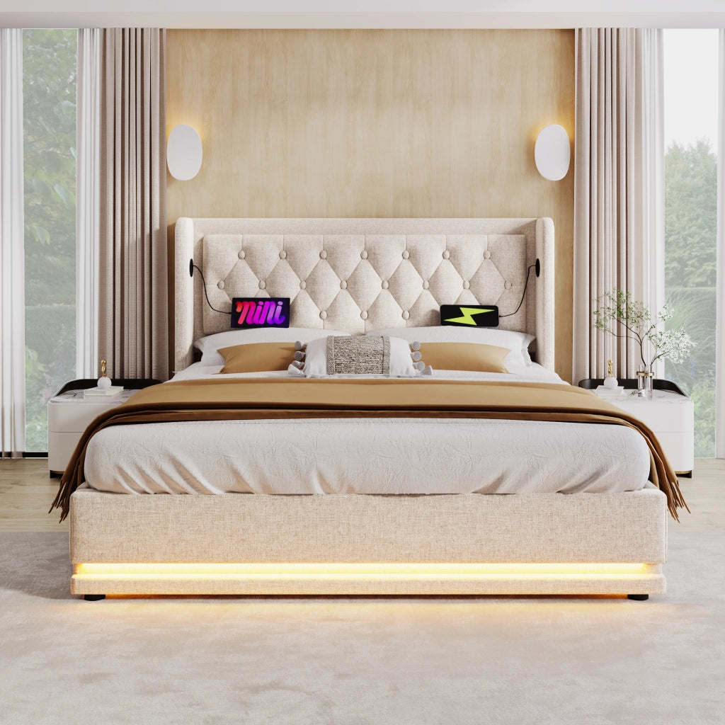 Letto matrimoniale contenitore beige 160 x 200 cm con rete sollevabile