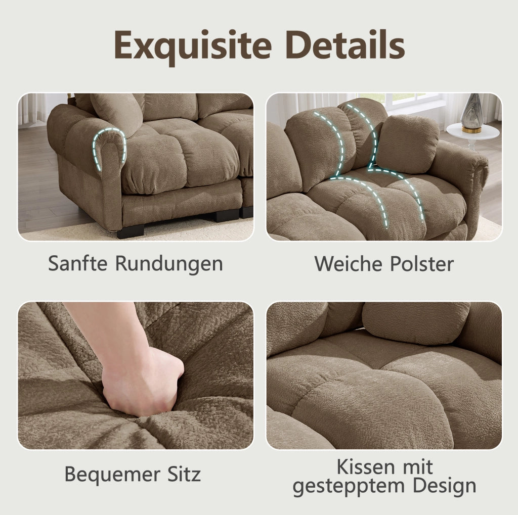 Divano modulare angolare ULEVR 330x149 cm in ciniglia marrone con pouf mobile e cuscino supplementare
