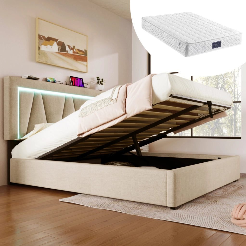 Letto imbottito LED 140x200 con porta USB e Type-C; contenitore; beige