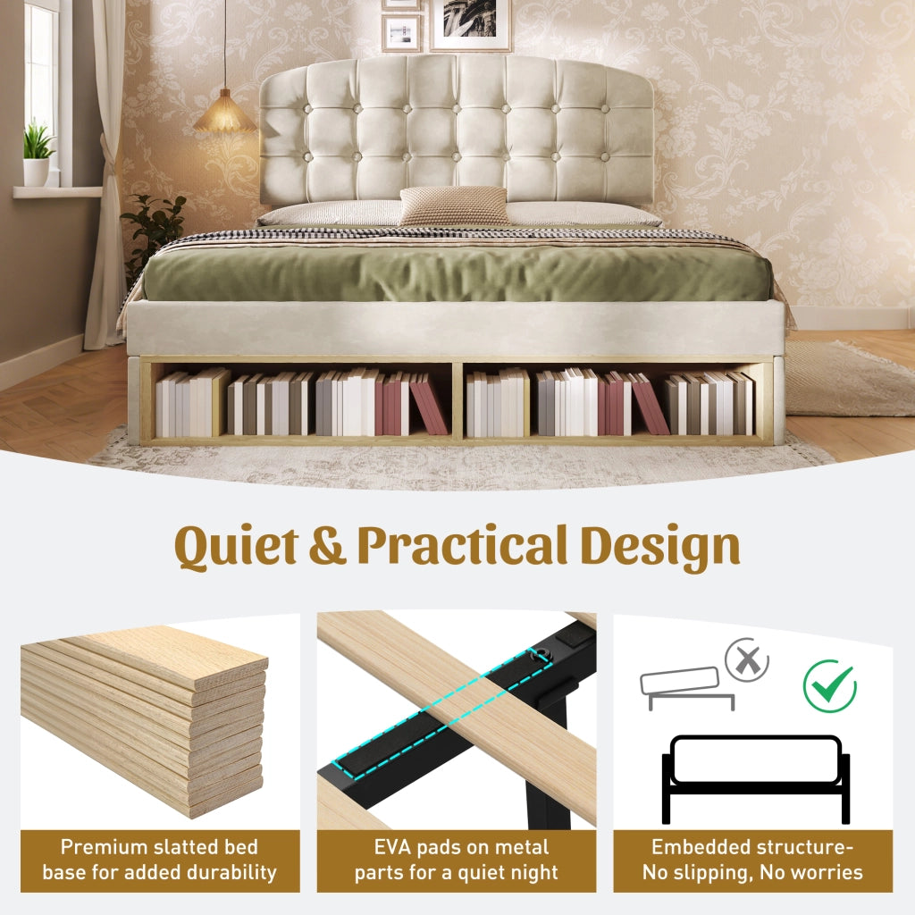 Letto con cassetti 140 × 200 cm con testiera regolabile imbottita in velluto beige e rete a doghe inclusa