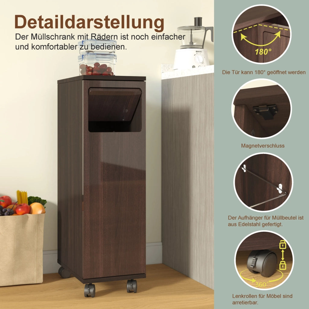 Mobile porta rifiuti 1 anta, armadio cucina scorrevole in noce lucido con ruote nere, per cucina e sala da pranzo, 24,2x35,1x80,2 cm