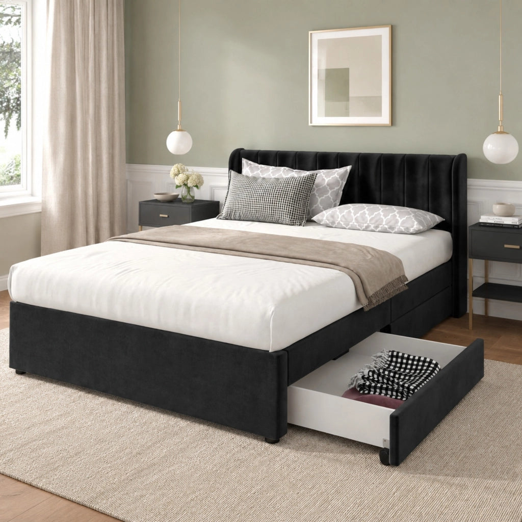 Letto matrimoniale 160x200 cm in velluto nero con testiera; doghe e 2 cassetti