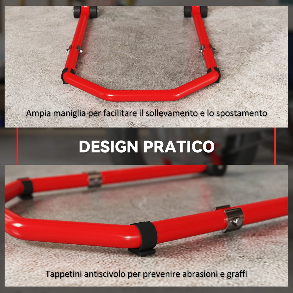 Cavalletto Moto Anteriore e Posteriore 390 kg, Forcelle a U e L, Supporto Alzamoto Regolabile e Robusto per Garage e Officina, Rosso