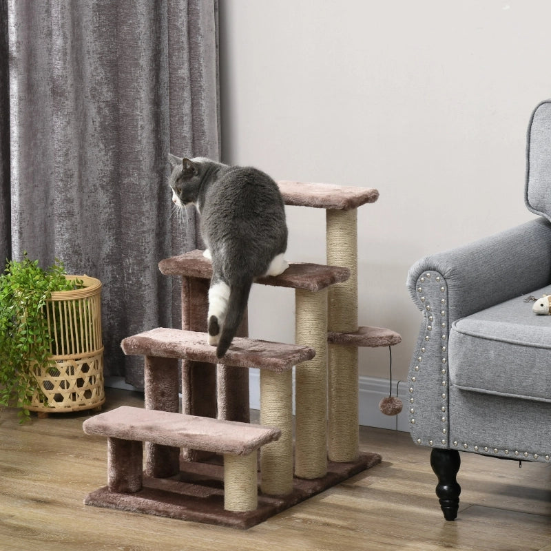 Scala per gatti con tiragraffi in corda di juta e pallina marrone in legno 60 × 40 × 64 cm