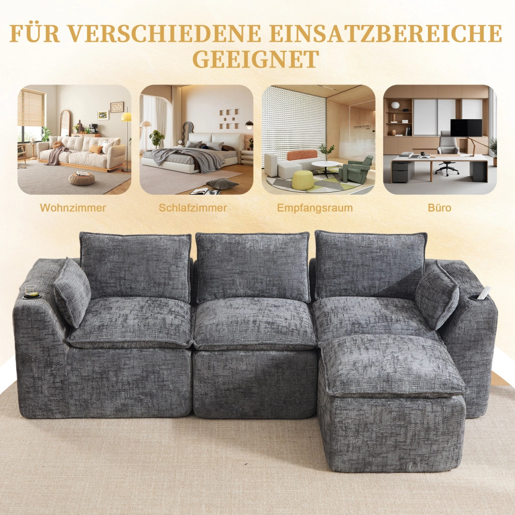 Divano modulare a 3 posti in ciniglia grigio scuro con pouf cuscini e tasche laterali 256 × 161 × 75 cm