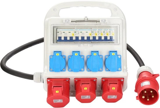 Distributore di corrente IP44 con contatto di sicurezza, distributore di corrente a parete con cavo, 2 x CEE 16A 400V + 1 x CEE 32A 400V + 4 x 230V